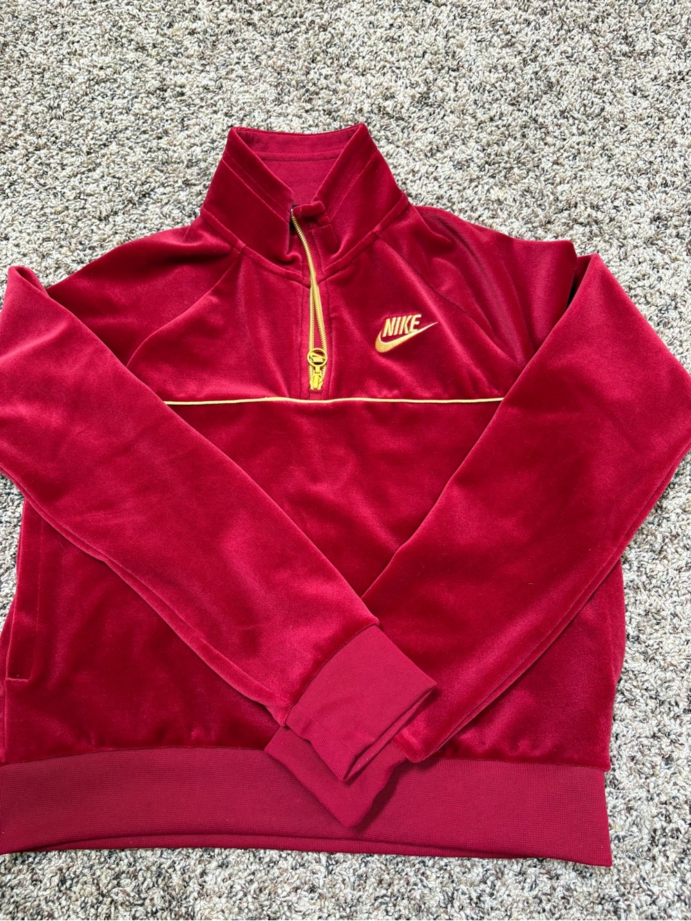 Nike Burgundy Velour Quarter-Zip Pullover with Gold Trim